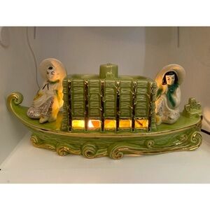 Vintage MCM Premco 1954 Asian Boat with Figures Ceramic TV Lamp Signed